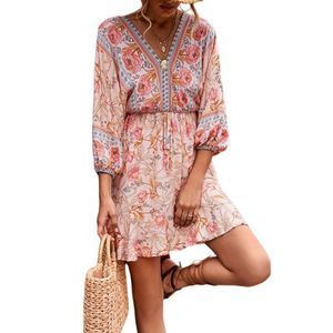 Danqi Orange Floral Tie-Waist V-Neck Dress Size S